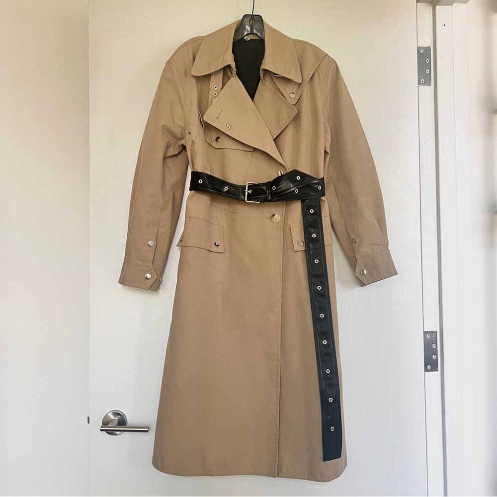 Helmut Lang beige tan cotton black belt utility trench coat